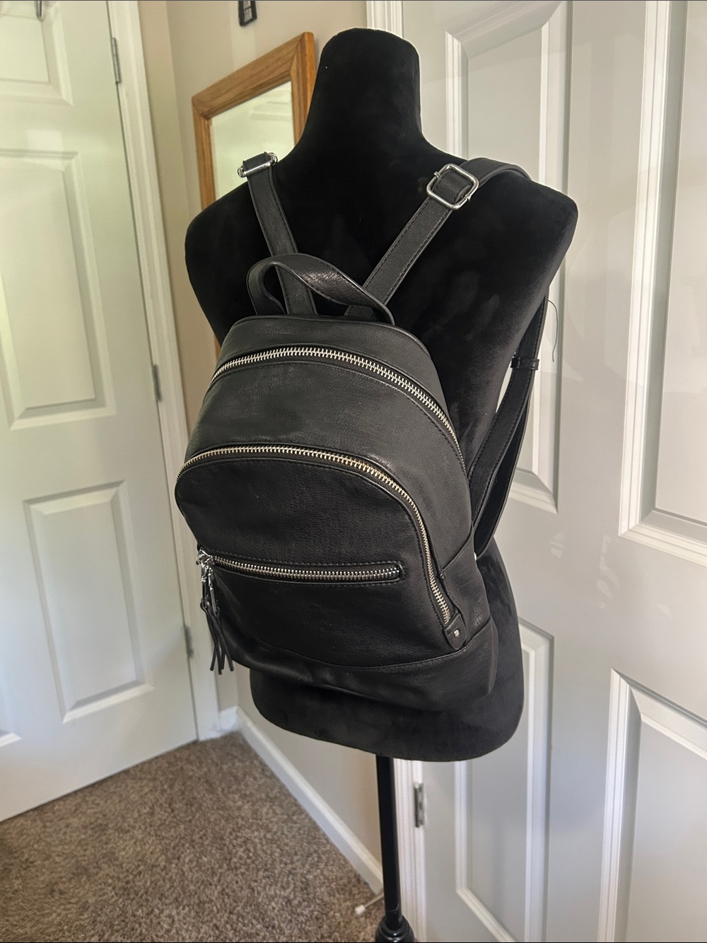 MMS Design Studio Black Leather Mini Backpack with Silver Zippers